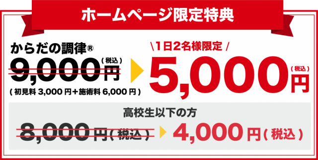 FP循環バランス整体の通常初回価格9,000円が1日2名様限定で4,500円に！