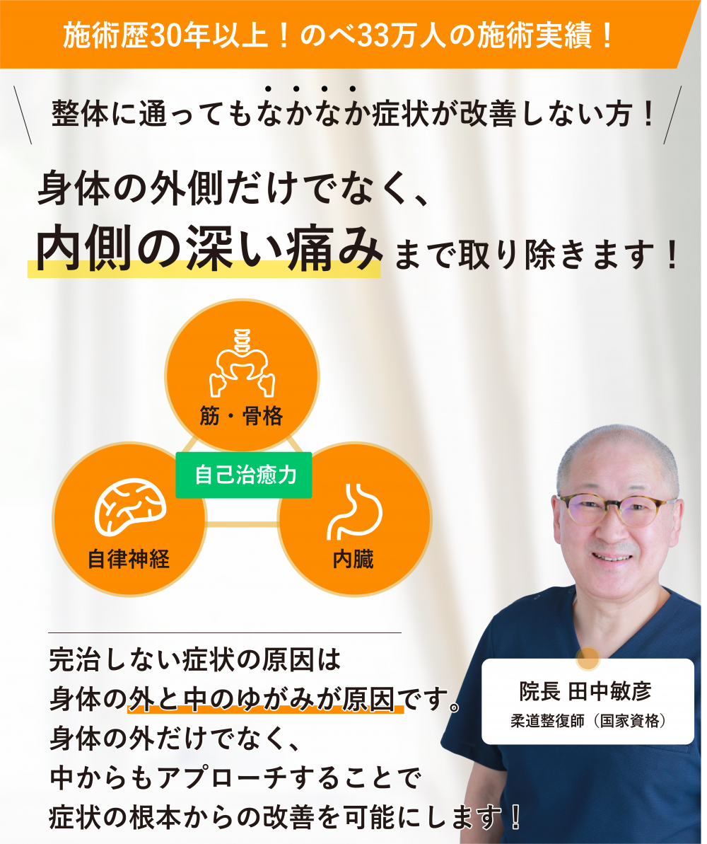 大手口コミサイトで地域NO.1を獲得した人気院！施術歴30年以上、国家資格を持つ院長が老若男女受けられる安心の整体であなたのお身体の悩みを解決に導きます